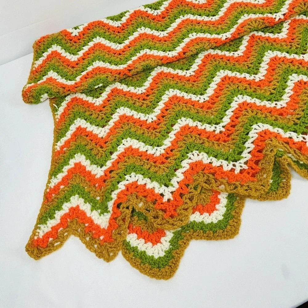 Handmade Throw Blanket Crocheted Granny Afghan Green Gold Orange White 80 x 48